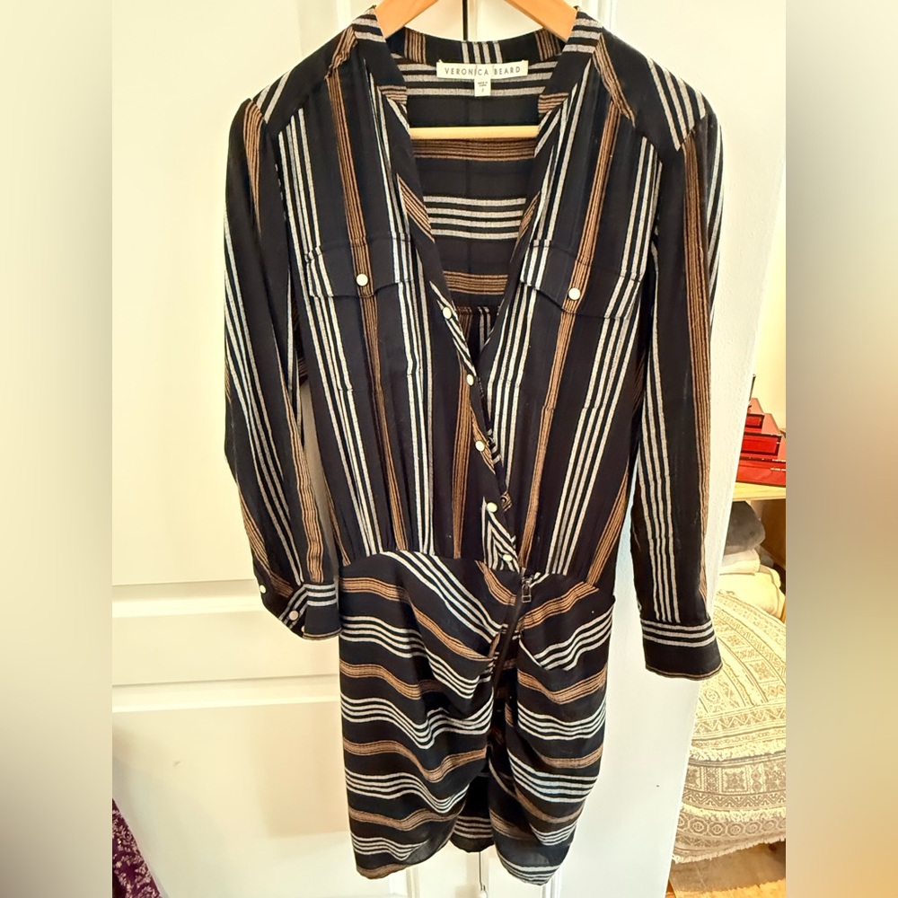 Veronica Beard Black and Brown Striped Dress